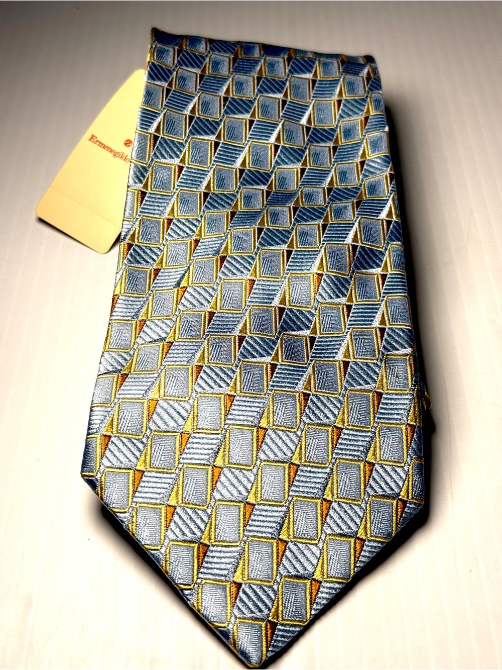 Ermenegildo Zegna Blue and Gold Cubic Silk Tie